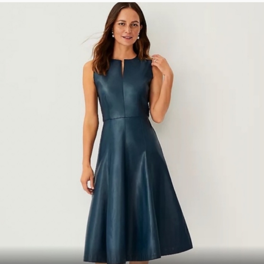 Ann Taylor Faux Leather Split Neck Flare Dress in Midnight Spruce